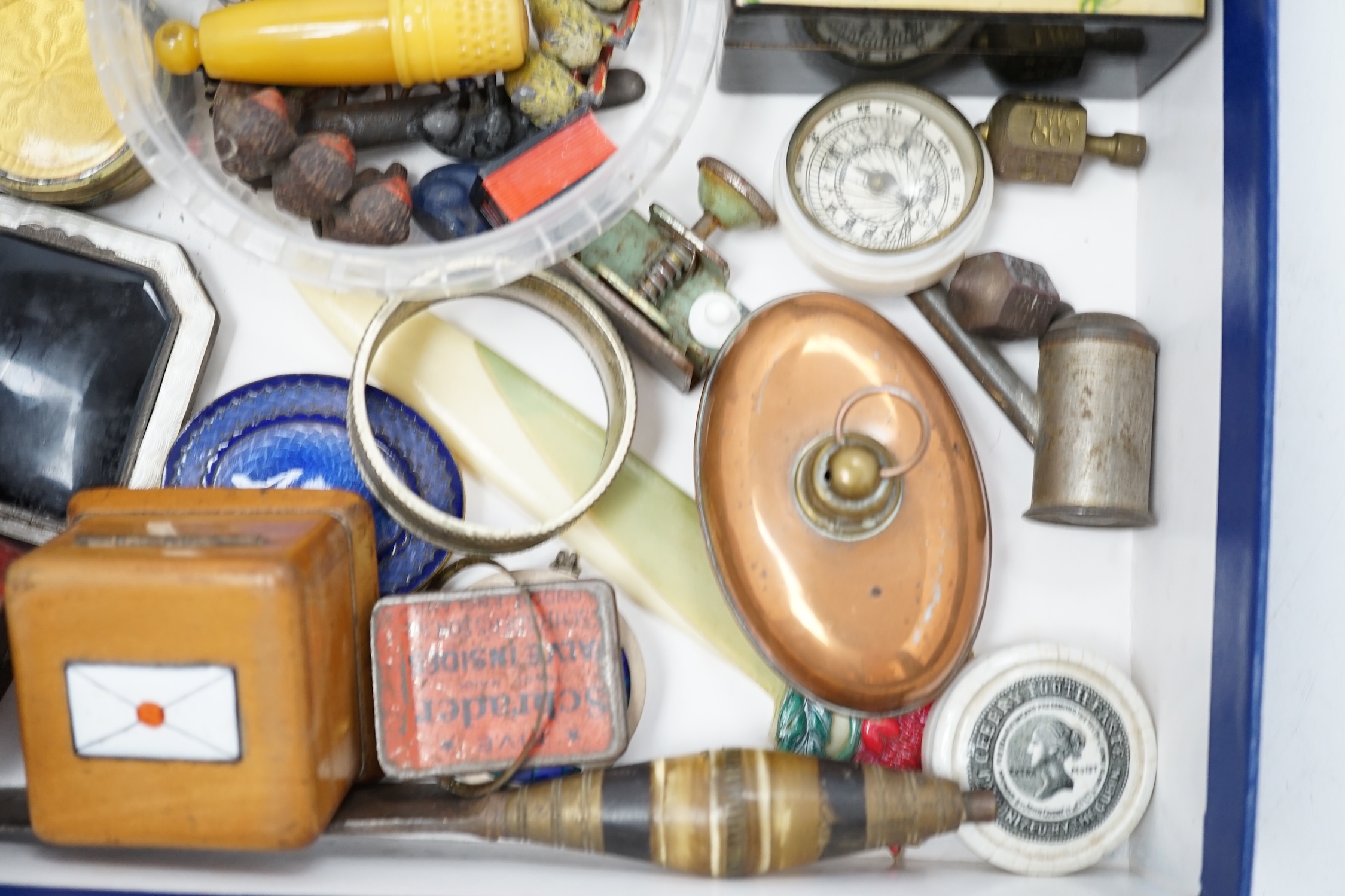 Mixed collectables to include enamel boxes, graduated weights, treen, a novelty post box money tin, etc. Condition - fair to good